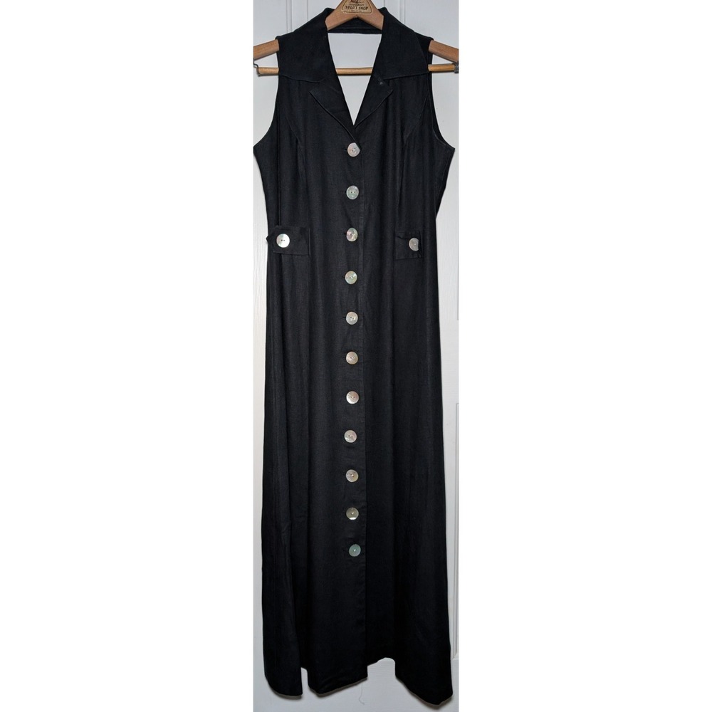 Vintage Virgo II Full Shell Botton Collared Dress Black Size 12 Linen Blend Y2k